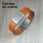 Manilla de Identificación con datos grabados y Perfil en Línea - Cuero color miel, con costura - Placa grande